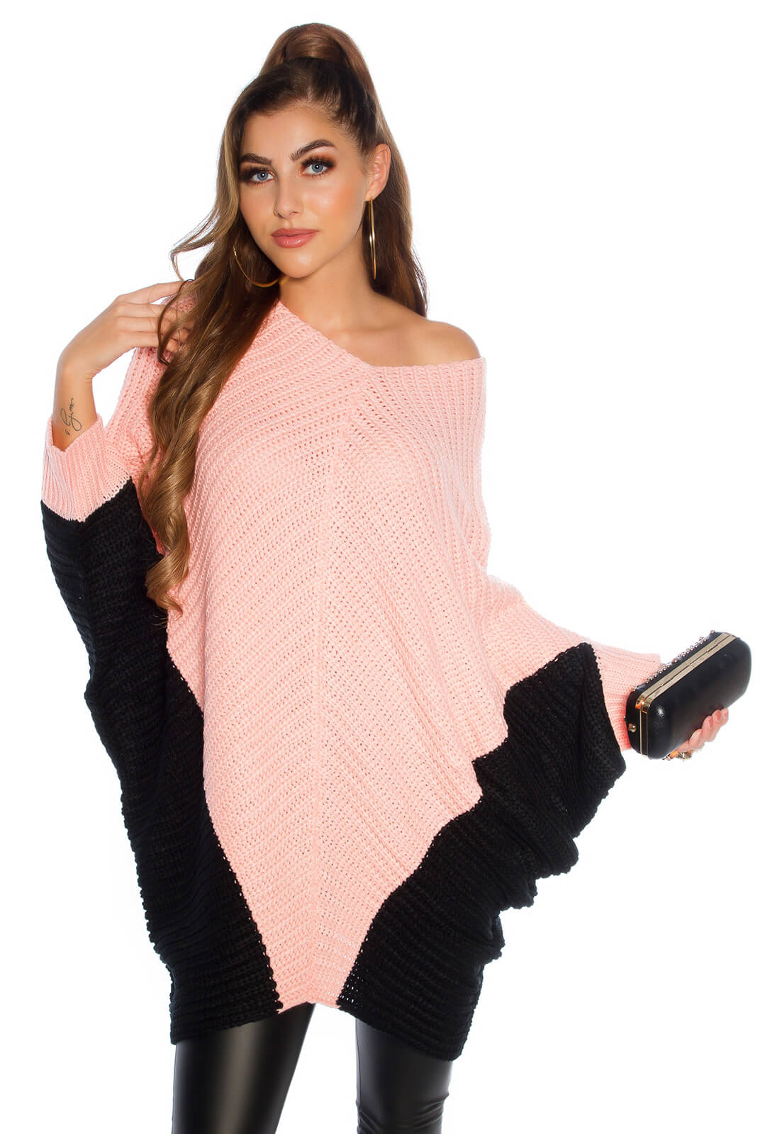 Rózsaszín divatos kötött denevér ujjú pulóver