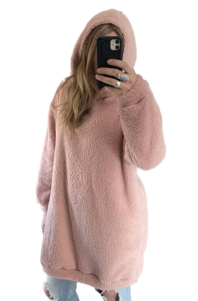 Rózsaszín teddy kapucnis női hosszú pulóver ruha - M