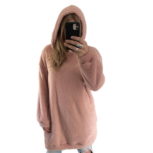rózsaszín teddy kapucnis női hosszú pulóver ruha