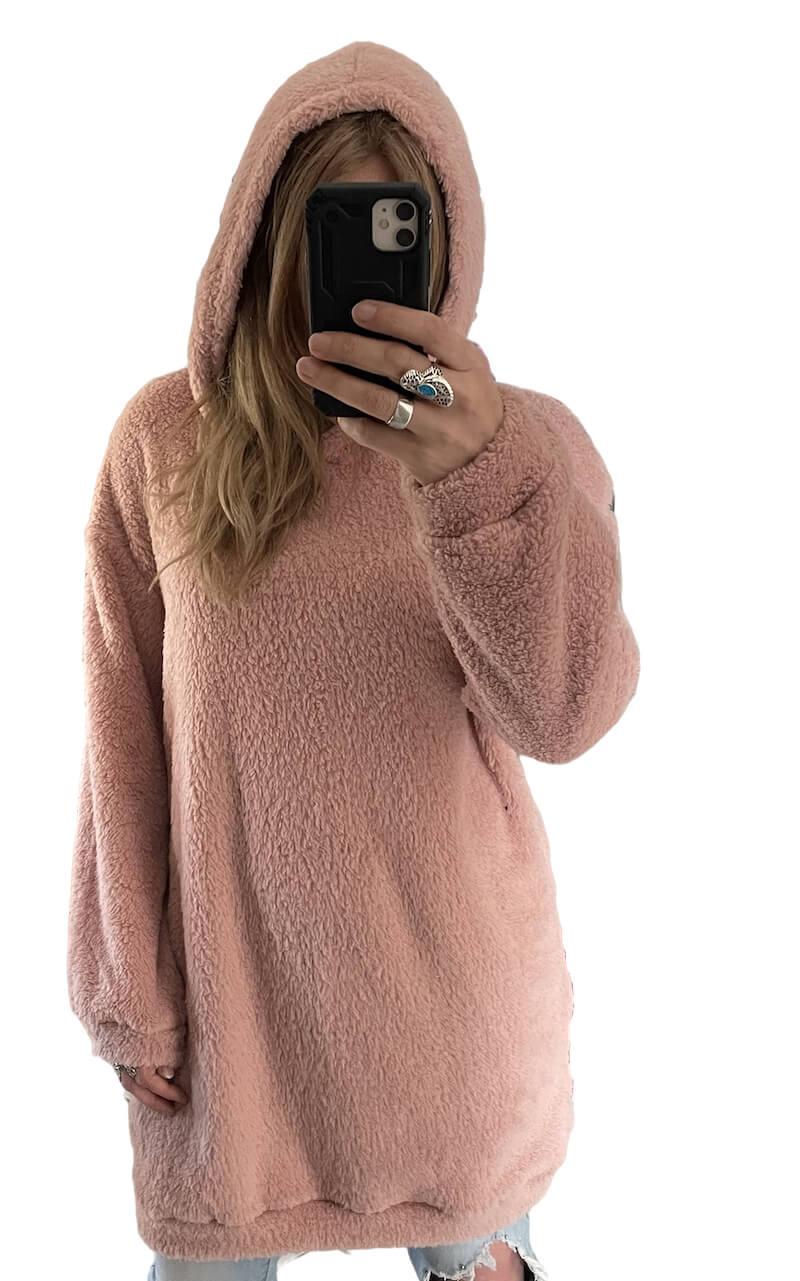Rózsaszín teddy kapucnis női hosszú pulóver ruha - L