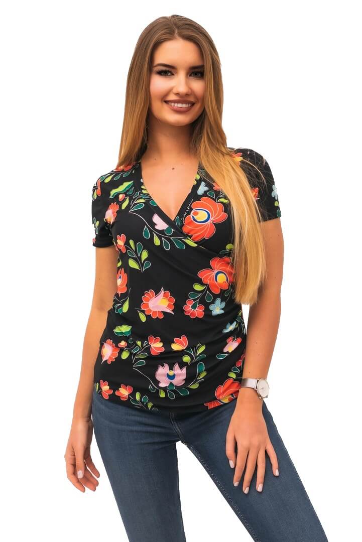 ORSI- Fekete virág mintás, áthajtós oldalt húzott női póló V nyakkal - XL